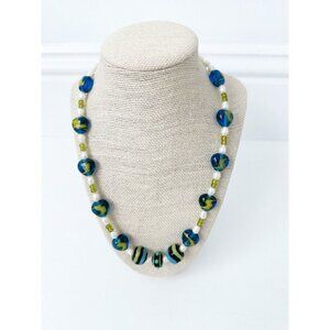 NWT Genuine Murano Glass, Lampwork Glass & Pearls Necklace Blue Green Hearts